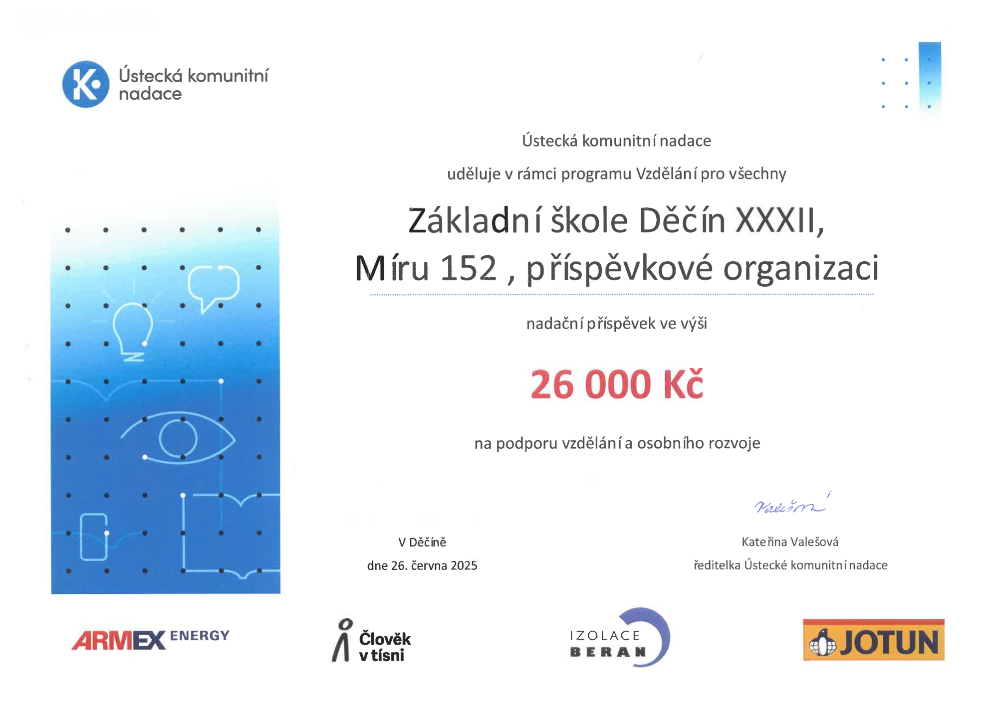 Základní škola Boletice obdržela sponzorský dar na podporu vzdělávání a osobního rozvoje